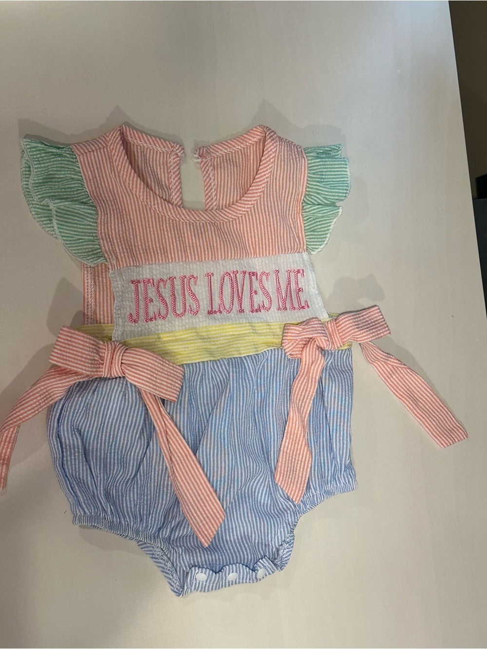 Jesus Loves Me Striped Multi-Color Baby One-Piece
